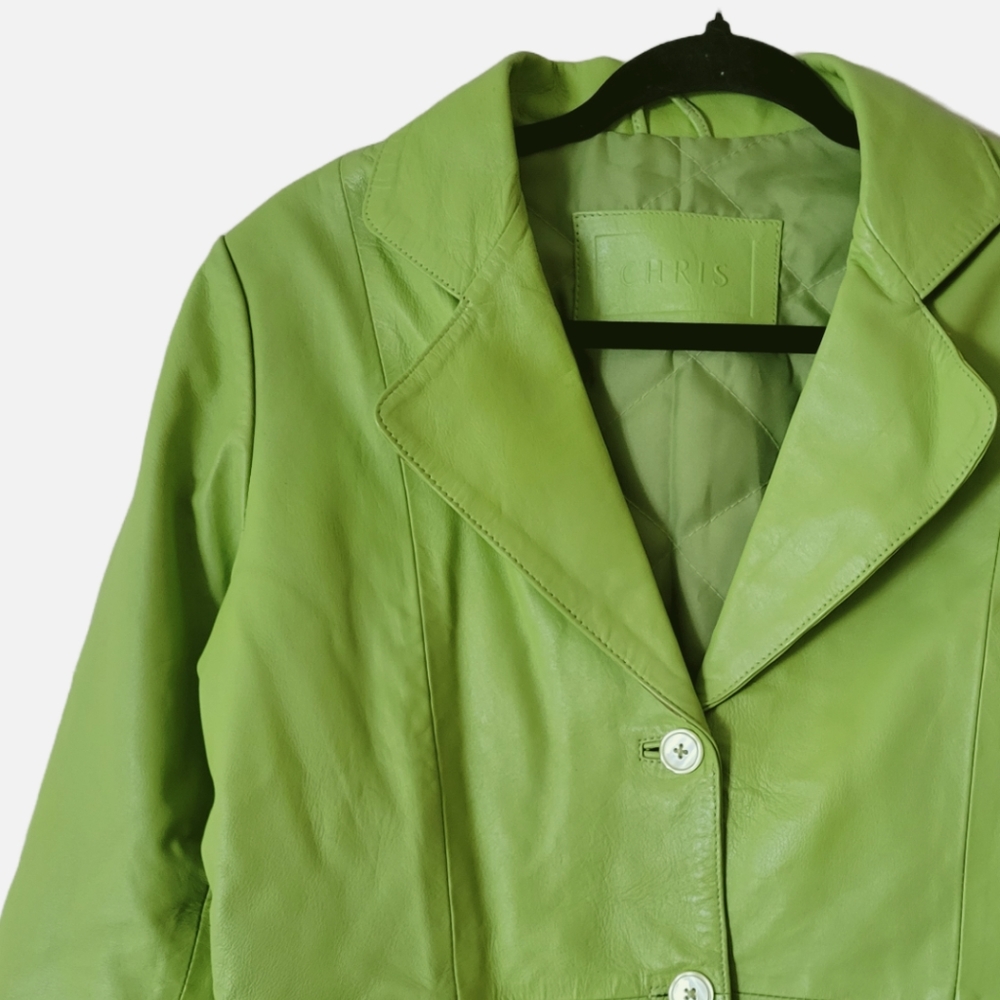 Vintage Y2K oversized long lime green genuine leather blazer jacket - Picture 3 of 9